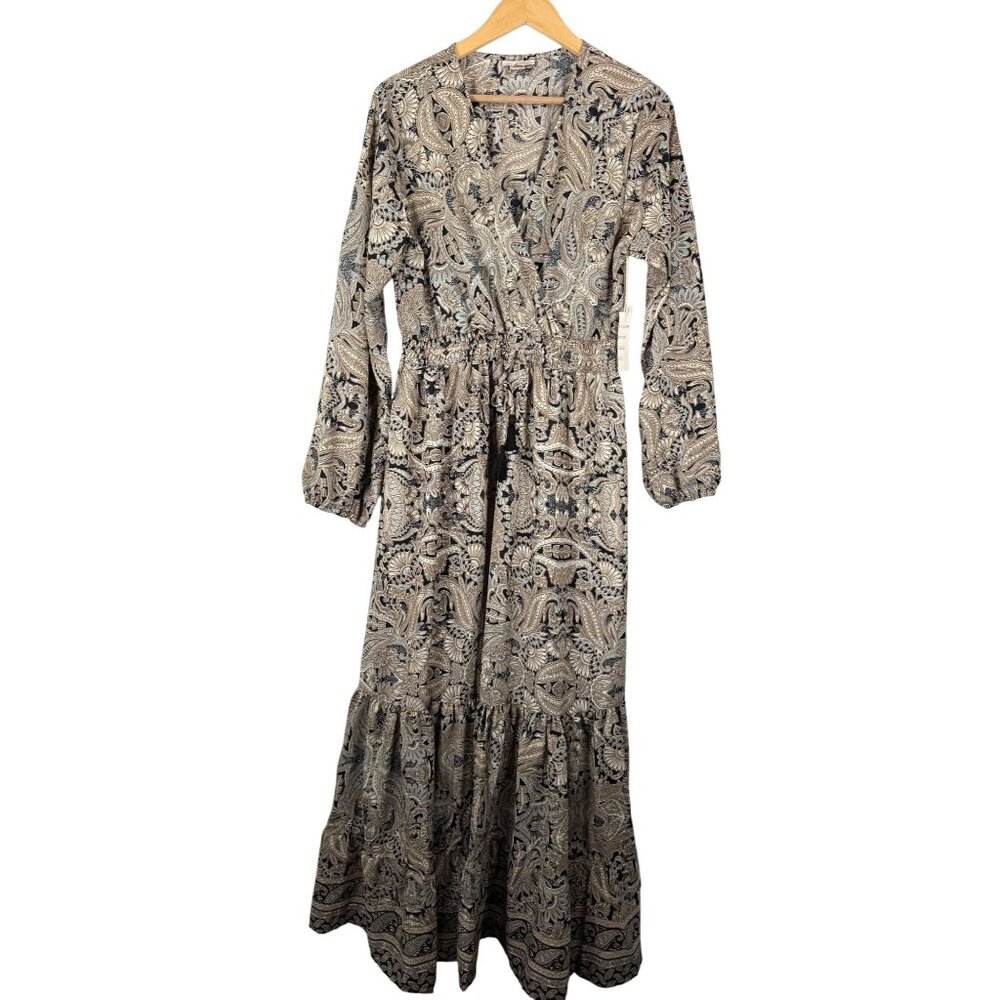 Boemo Paisley print maxi‎ ruffle wrap boho beachy dress tan sz XL
